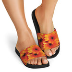 Orange Daisy Flower Print Black Slide Sandals