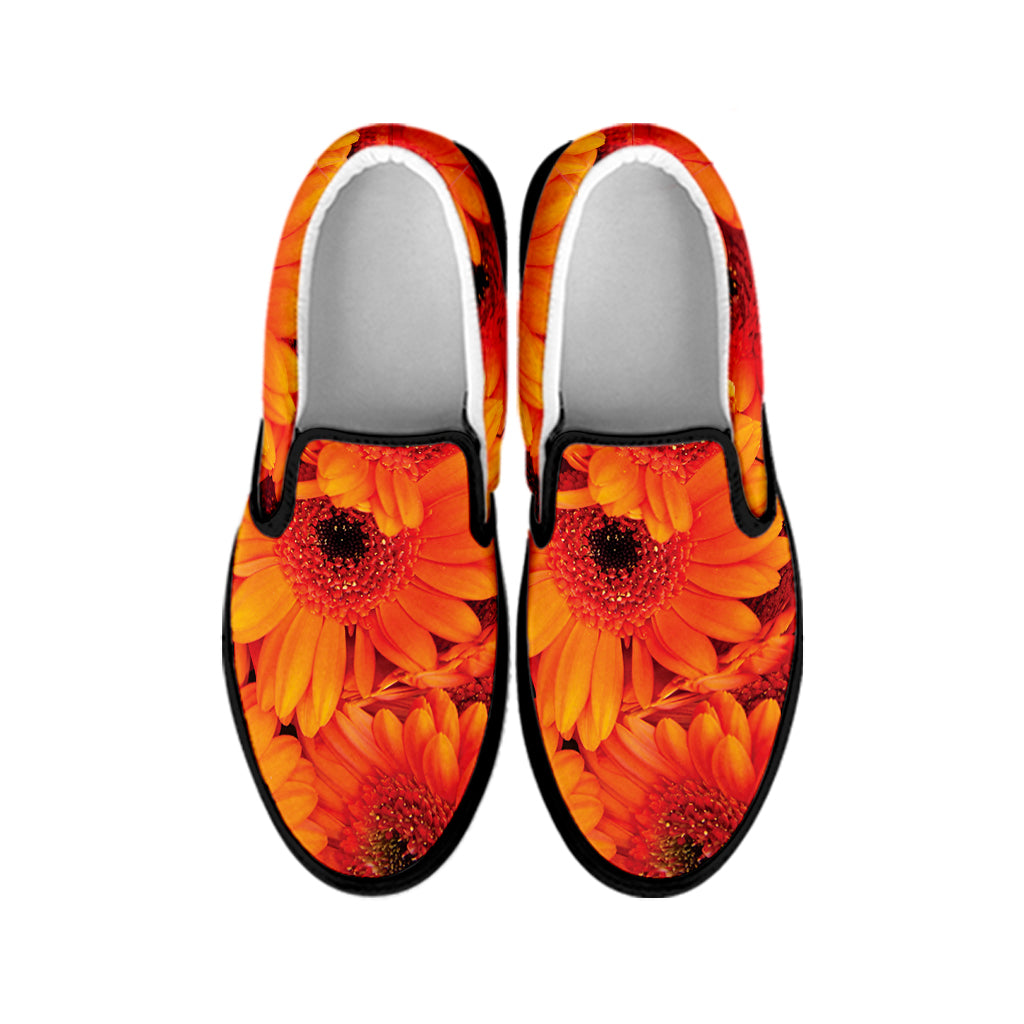Orange Daisy Flower Print Black Slip On Shoes