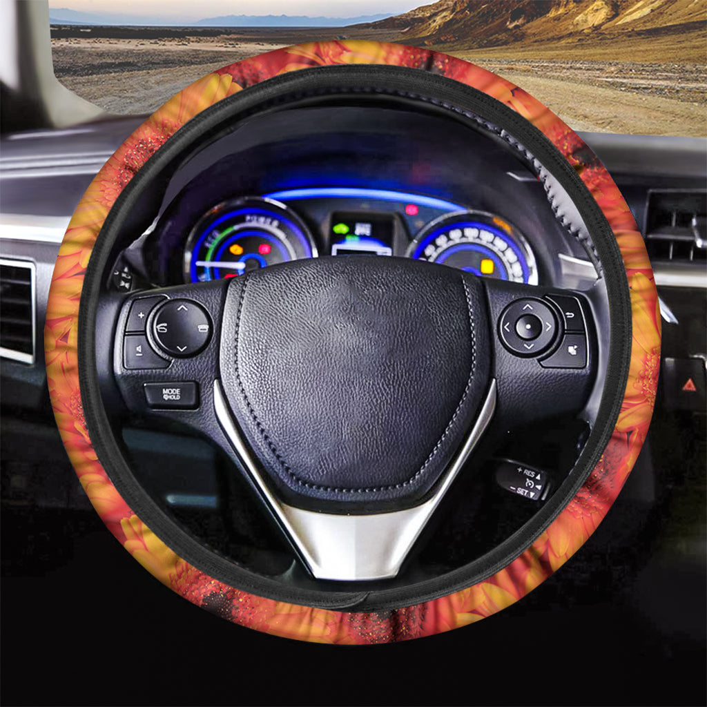 Orange Daisy Flower Print Car Steering Wheel Cover