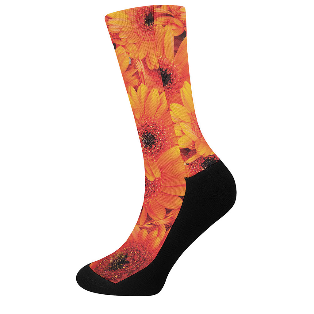 Orange Daisy Flower Print Crew Socks