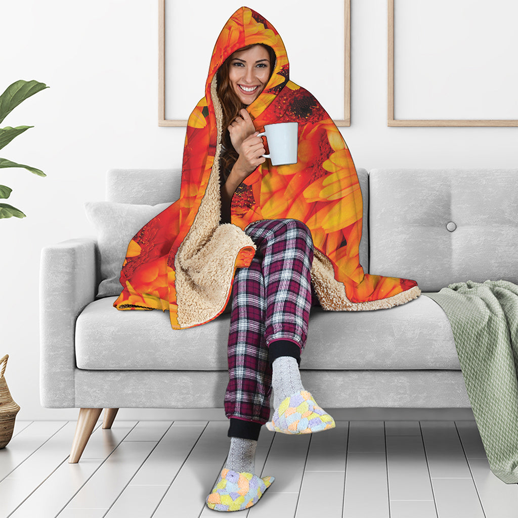 Orange Daisy Flower Print Hooded Blanket