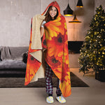 Orange Daisy Flower Print Hooded Blanket