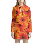 Orange Daisy Flower Print Hoodie Dress