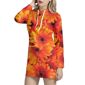 Orange Daisy Flower Print Hoodie Dress