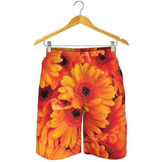 Orange Daisy Flower Print Men's Shorts