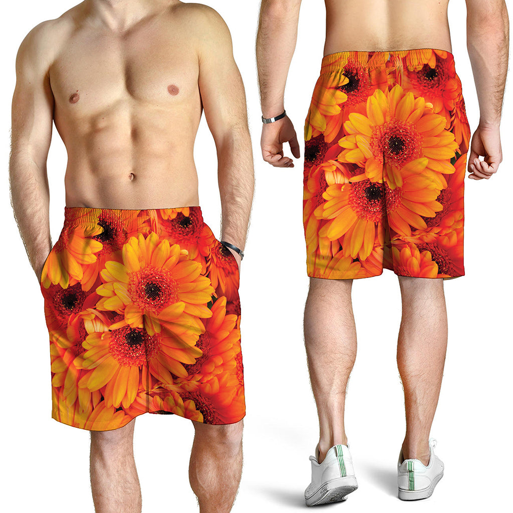 Orange Daisy Flower Print Men's Shorts