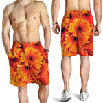 Orange Daisy Flower Print Men's Shorts