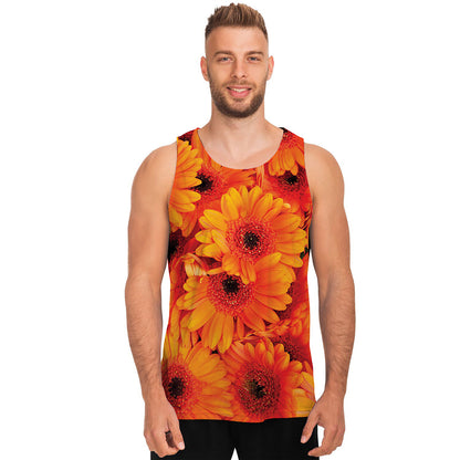 Orange Daisy Flower Print Men's Tank Top