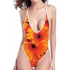 Orange Daisy Flower Print One Piece High Cut Swimsuit