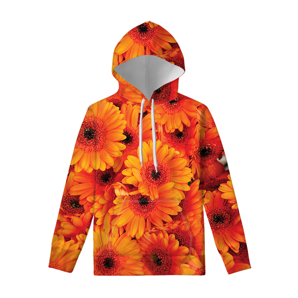 Orange Daisy Flower Print Pullover Hoodie