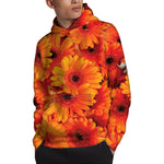 Orange Daisy Flower Print Pullover Hoodie