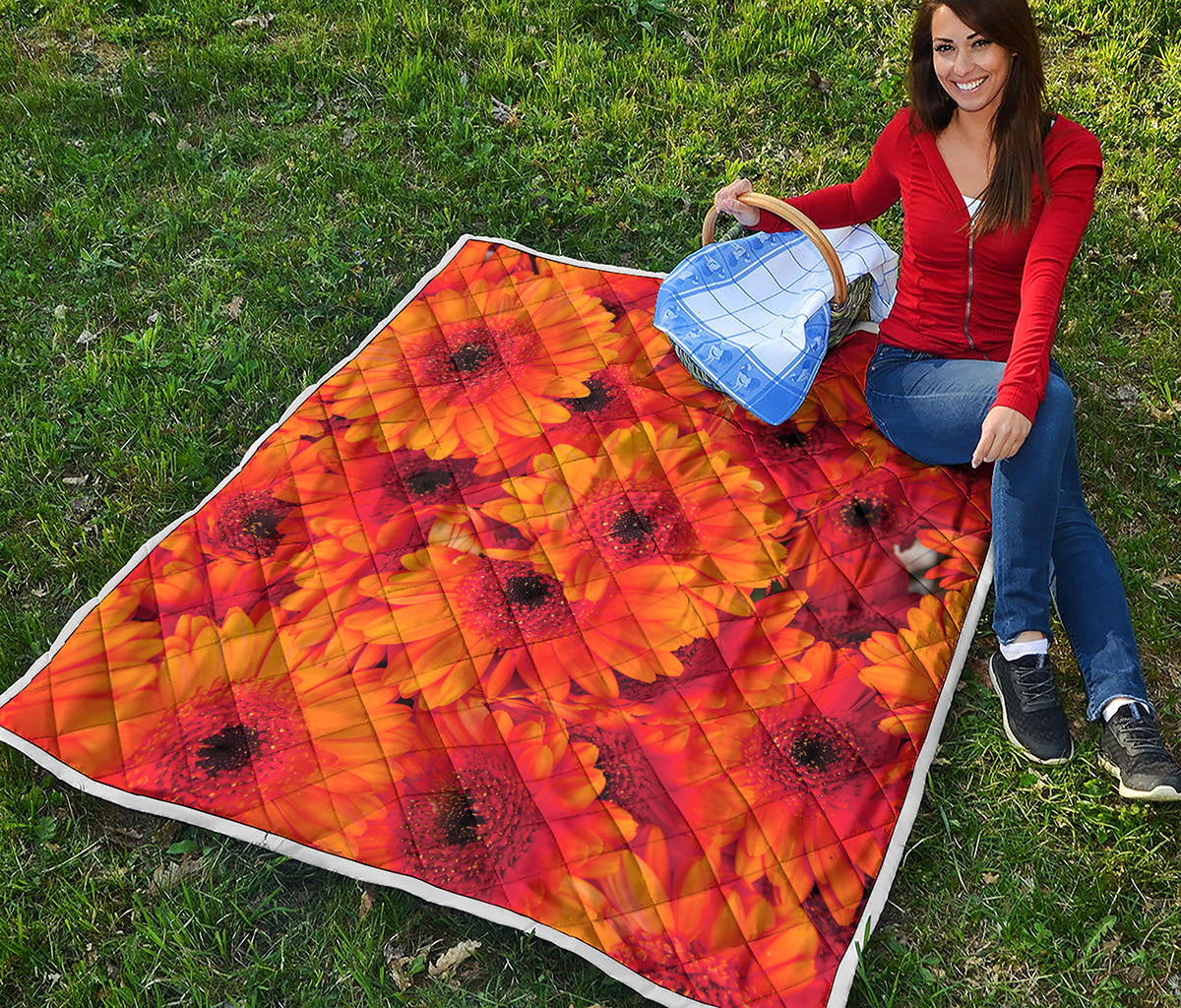 Orange Daisy Flower Print Quilt
