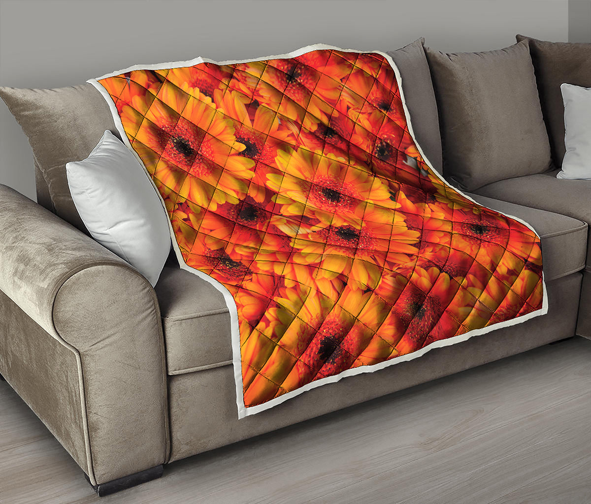 Orange Daisy Flower Print Quilt
