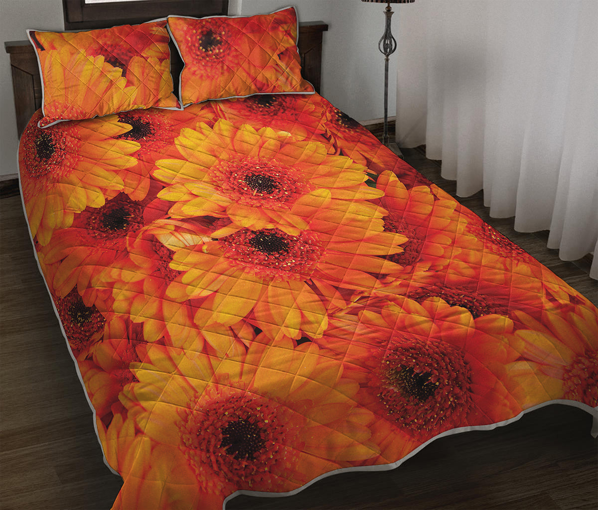 Orange Daisy Flower Print Quilt Bed Set