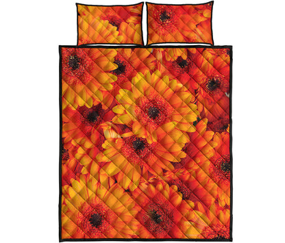 Orange Daisy Flower Print Quilt Bed Set