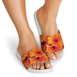 Orange Daisy Flower Print White Slide Sandals
