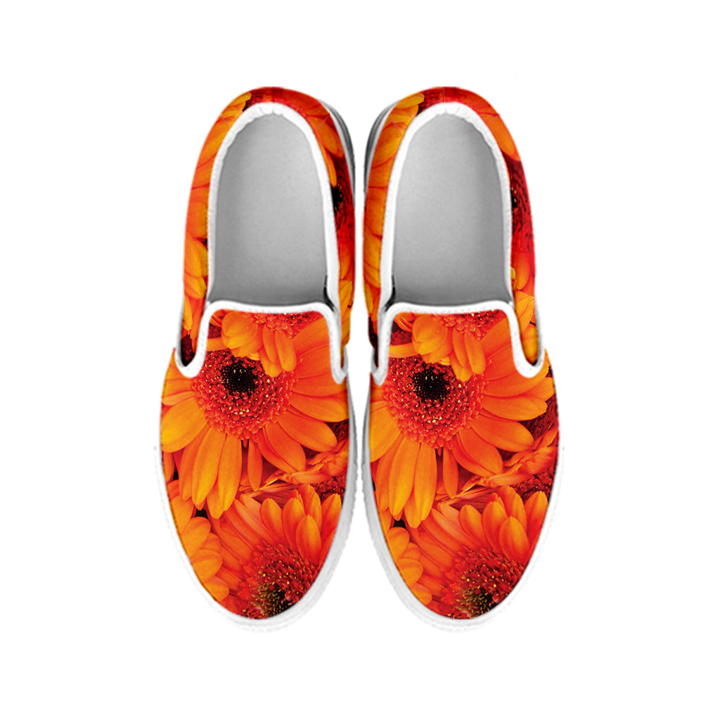 Orange Daisy Flower Print White Slip On Shoes