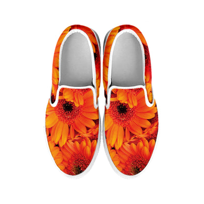 Orange Daisy Flower Print White Slip On Shoes