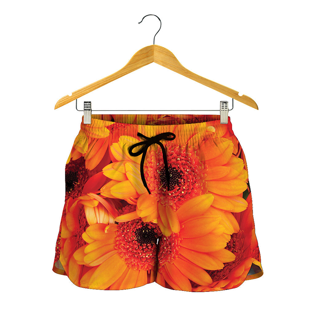 Orange Daisy Flower Print Women's Shorts