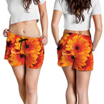 Orange Daisy Flower Print Women's Shorts