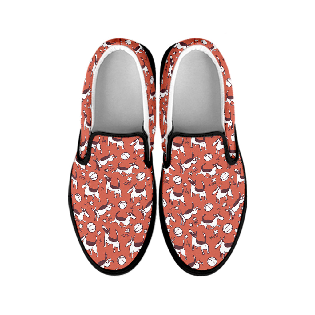 Orange Doodle Bull Terrier Pattern Print Black Slip On Shoes