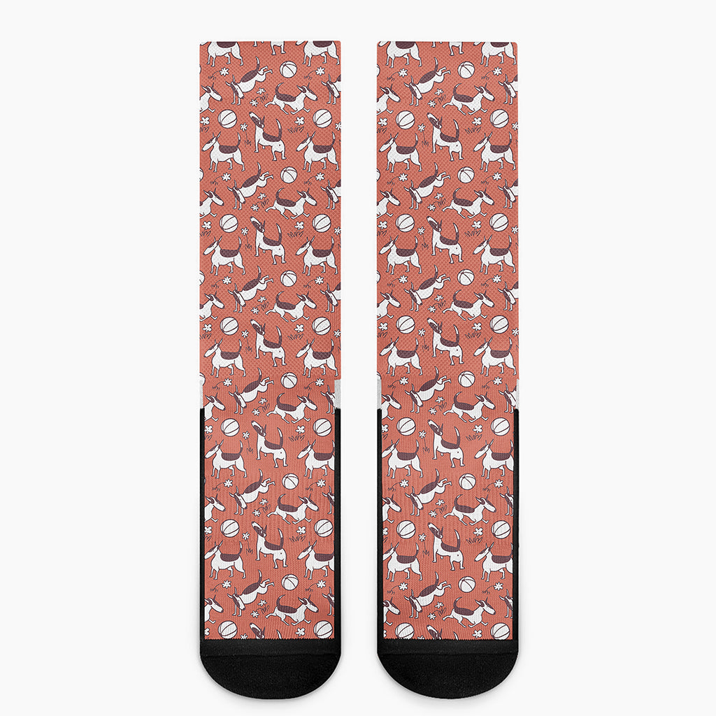 Orange Doodle Bull Terrier Pattern Print Crew Socks