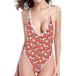 Orange Doodle Bull Terrier Pattern Print One Piece High Cut Swimsuit