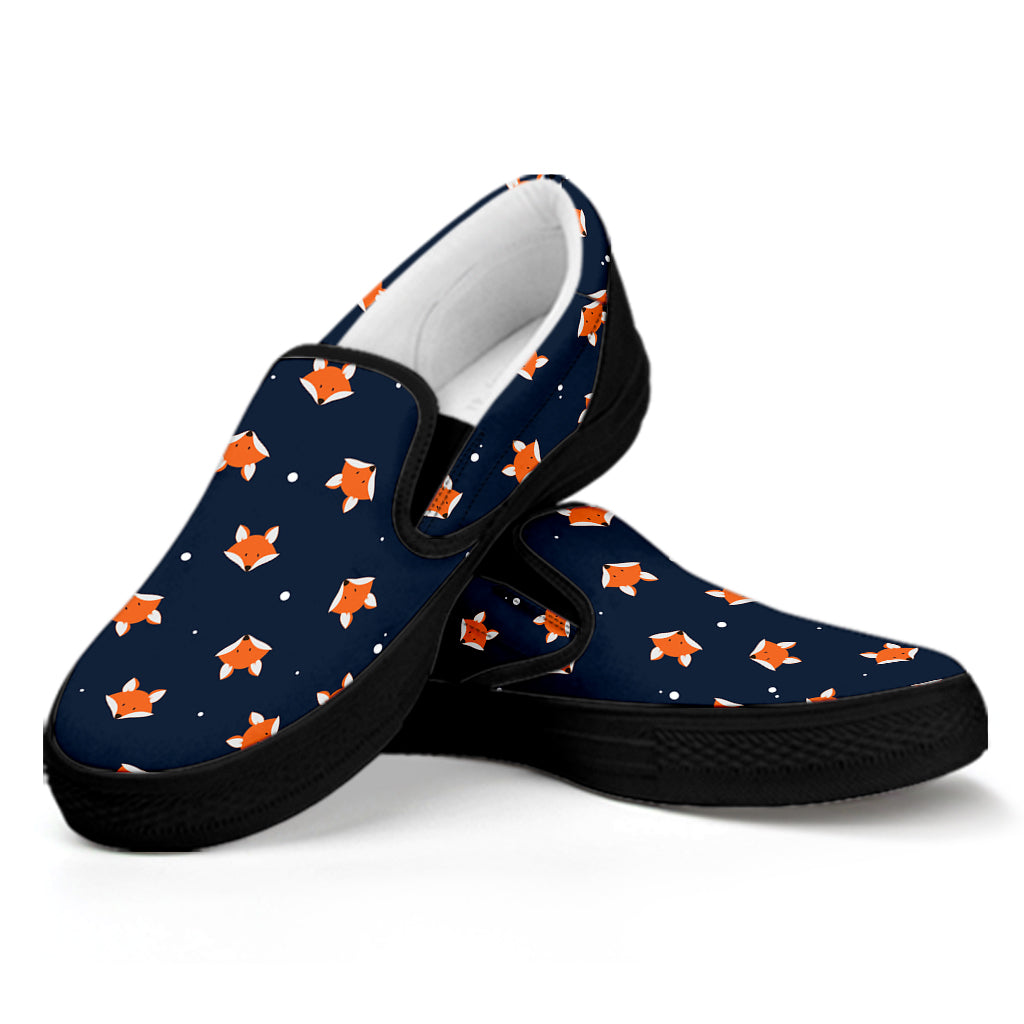 Orange Fox Pattern Print Black Slip On Shoes