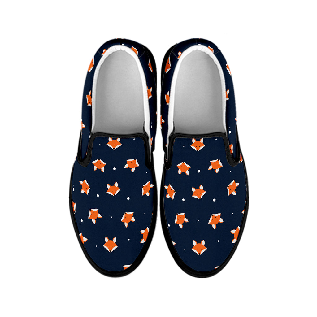 Orange Fox Pattern Print Black Slip On Shoes