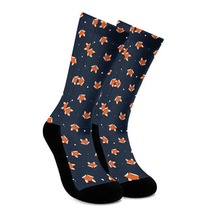 Orange Fox Pattern Print Crew Socks