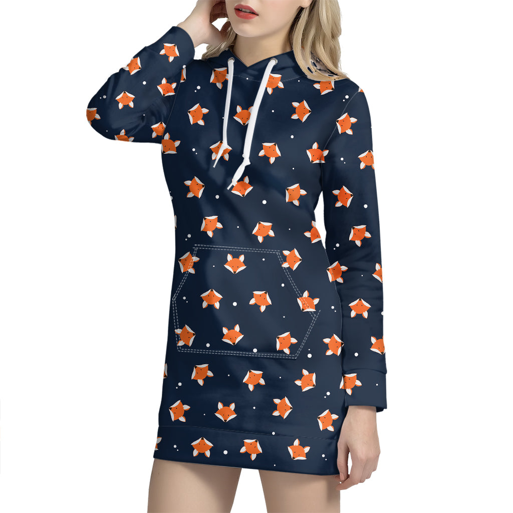 Orange Fox Pattern Print Hoodie Dress