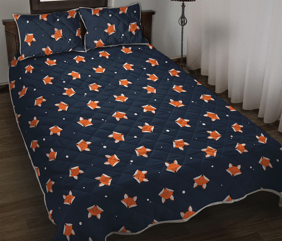 Orange Fox Pattern Print Quilt Bed Set