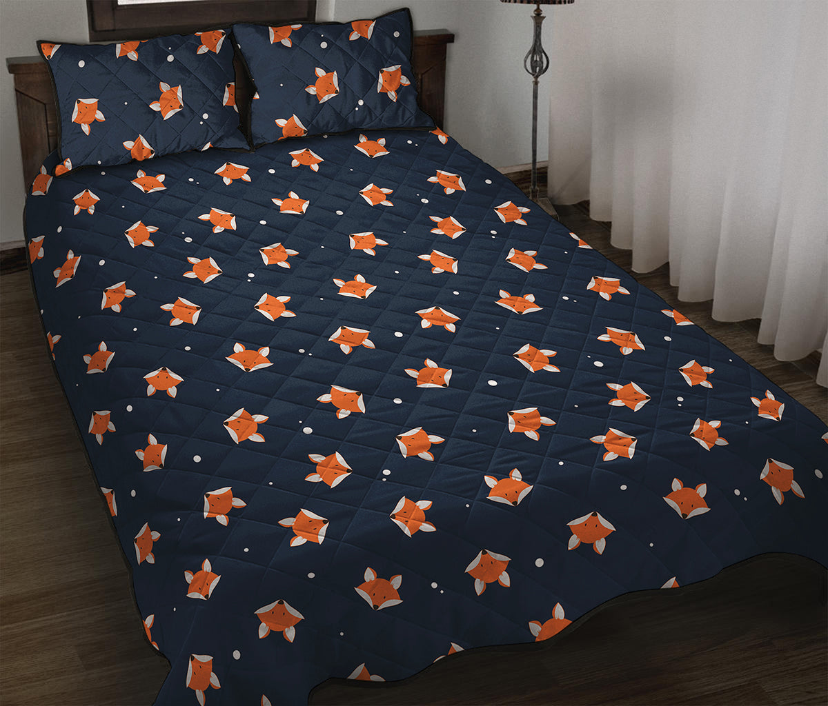 Orange Fox Pattern Print Quilt Bed Set