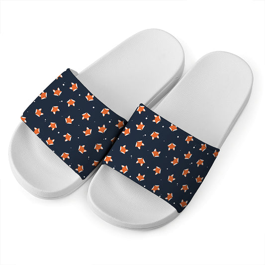 Orange Fox Pattern Print White Slide Sandals