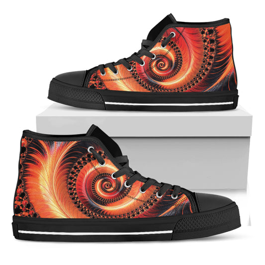 Orange Fractal Print Black High Top Shoes