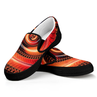 Orange Fractal Print Black Slip On Shoes