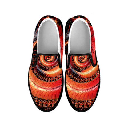 Orange Fractal Print Black Slip On Shoes