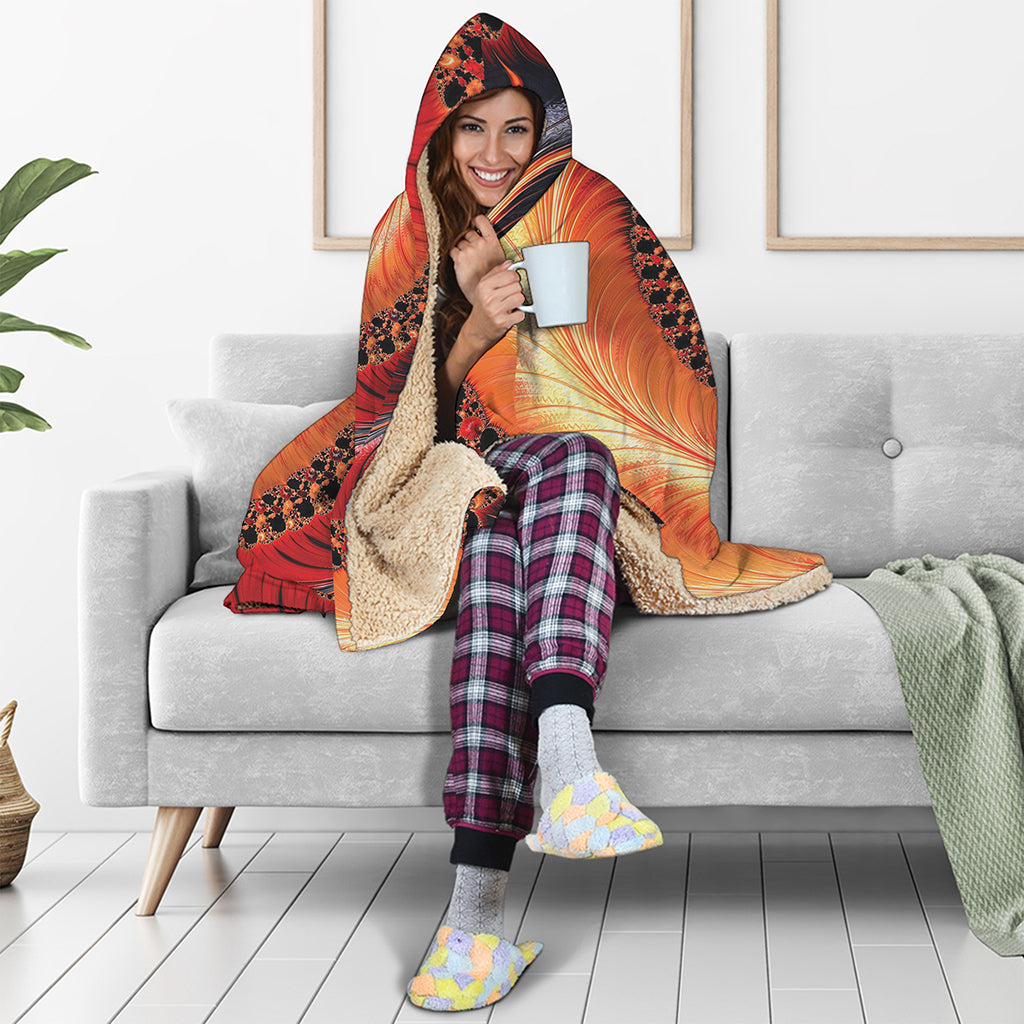 Orange Fractal Print Hooded Blanket