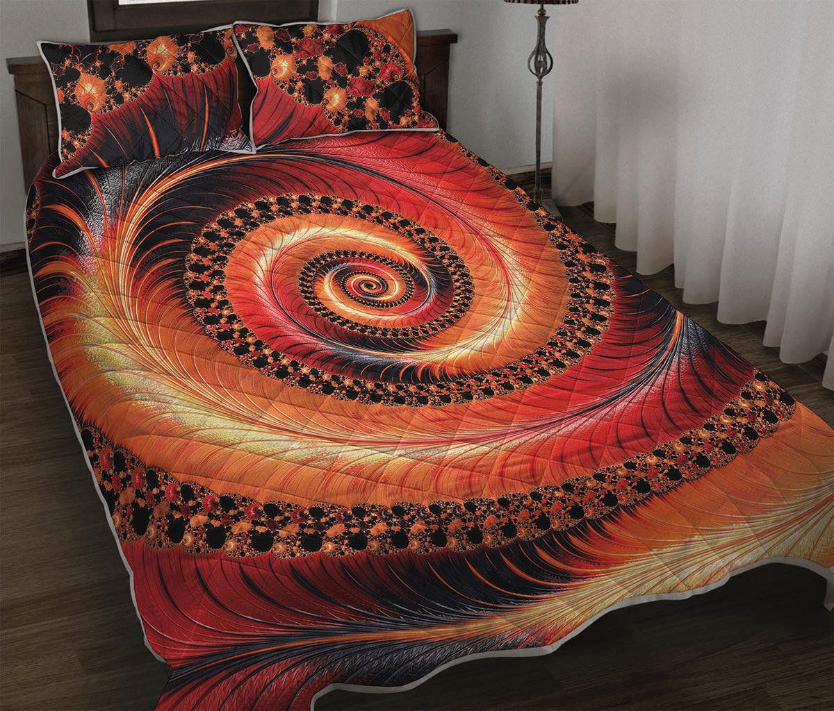 Orange Fractal Print Quilt Bed Set
