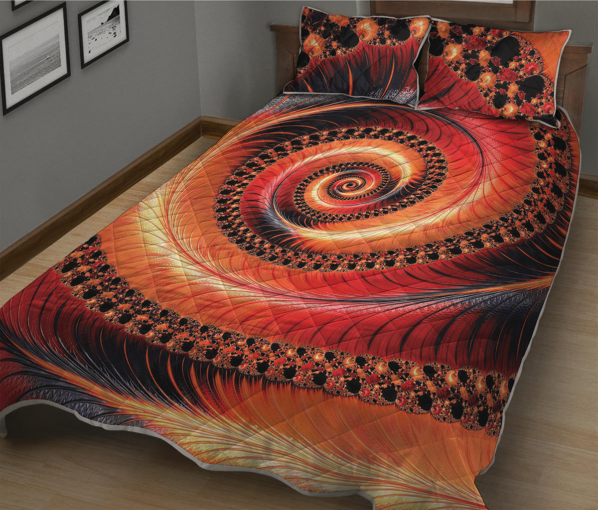 Orange Fractal Print Quilt Bed Set