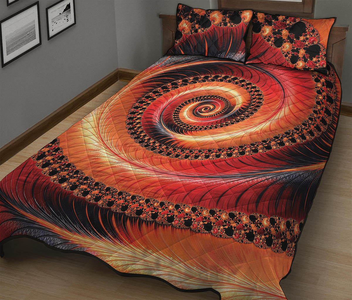 Orange Fractal Print Quilt Bed Set