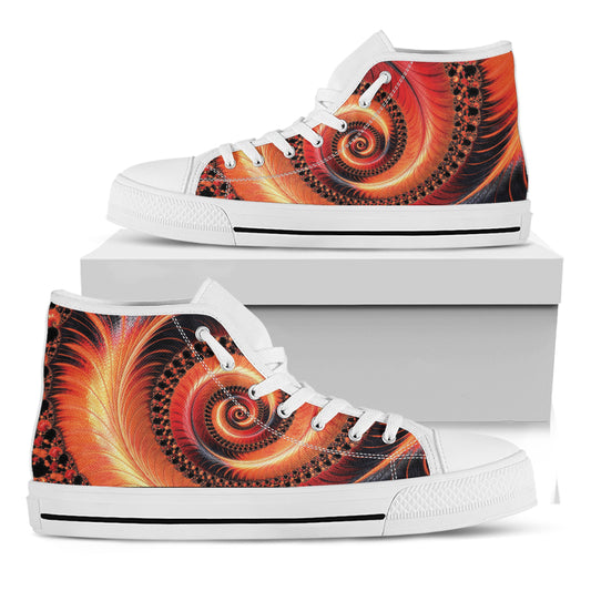 Orange Fractal Print White High Top Shoes