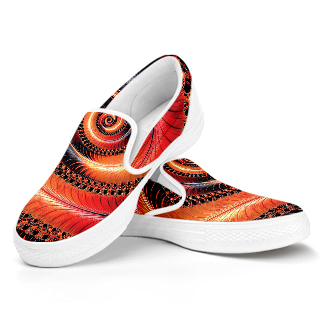 Orange Fractal Print White Slip On Shoes