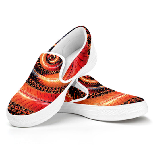 Orange Fractal Print White Slip On Shoes
