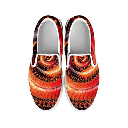 Orange Fractal Print White Slip On Shoes