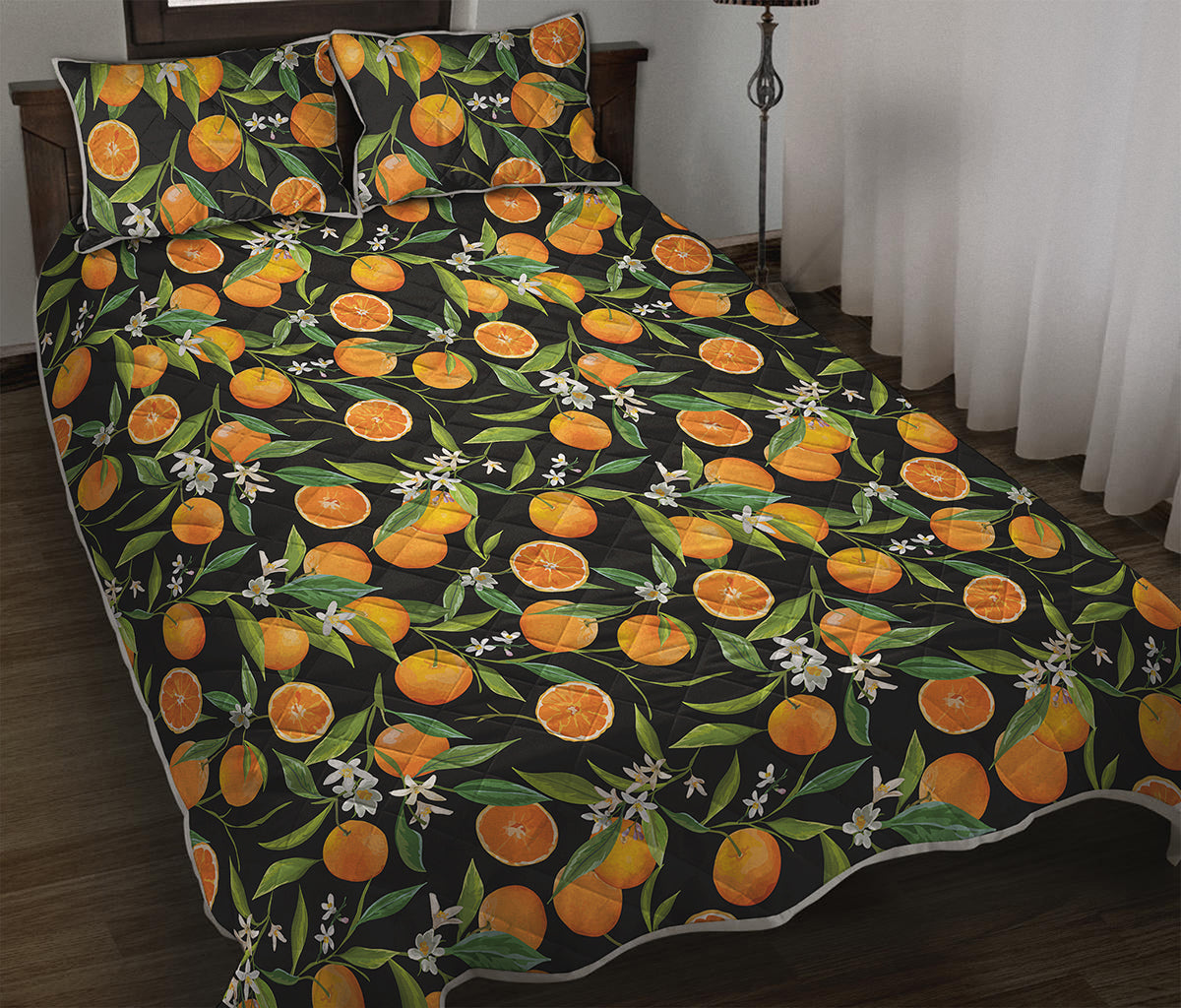 Orange Fruit Pattern Print Quilt Bed Set