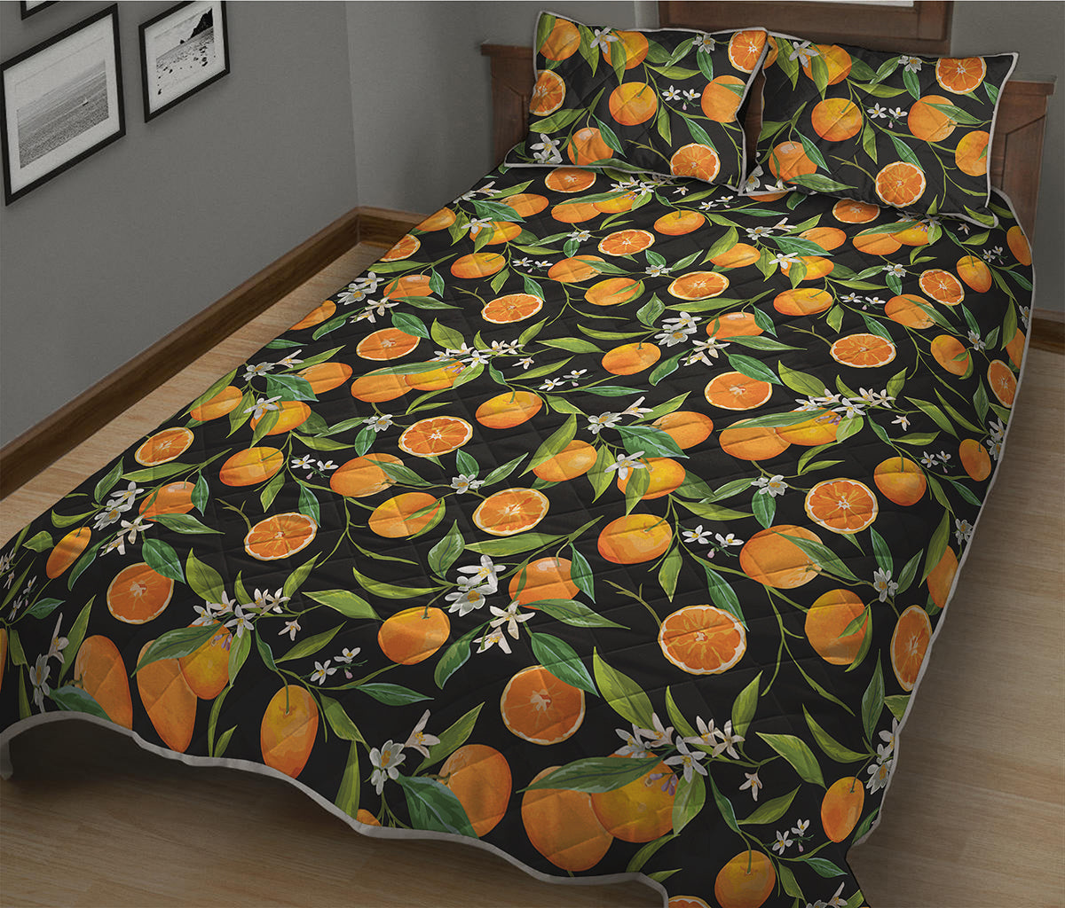 Orange Fruit Pattern Print Quilt Bed Set