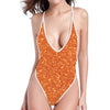 Orange Glitter Texture Print One Piece High Cut Swimsuit