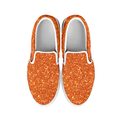 Orange Glitter Texture Print White Slip On Shoes