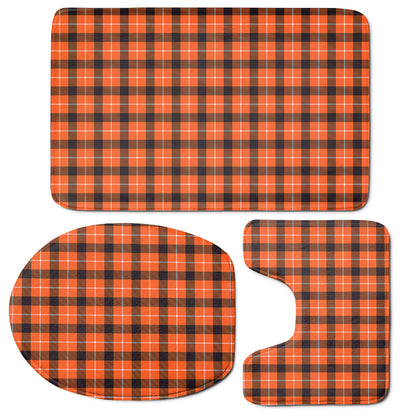 Orange Grey And White Plaid Print 3 Piece Bath Mat Set